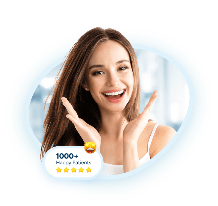 A cheerful woman with long hair smiling broadly and gesturing a peace sign, within a circular frame, with a badge reading "1000+ happy patients" and five stars | Pleasant Dental